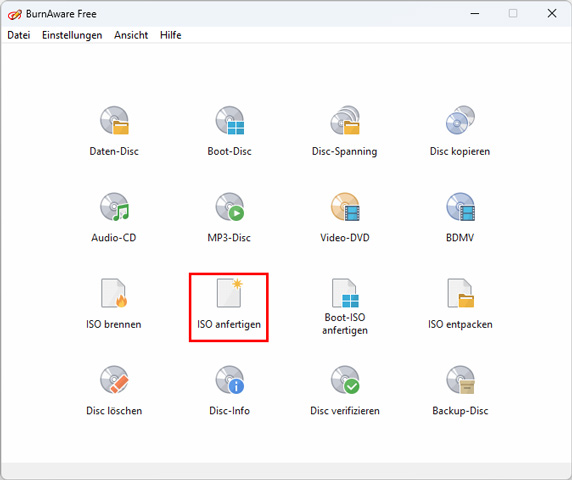 ISO anfertigen in Burnaware wählen