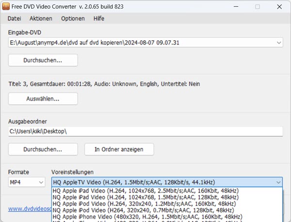 Voreinstellungen in Free DVD Video Converter wählen