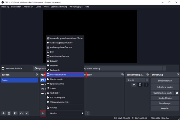 OBS-Fensteraufnahmefunktion auswählen