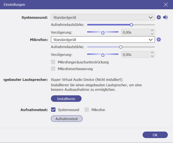 Einstellungen testen