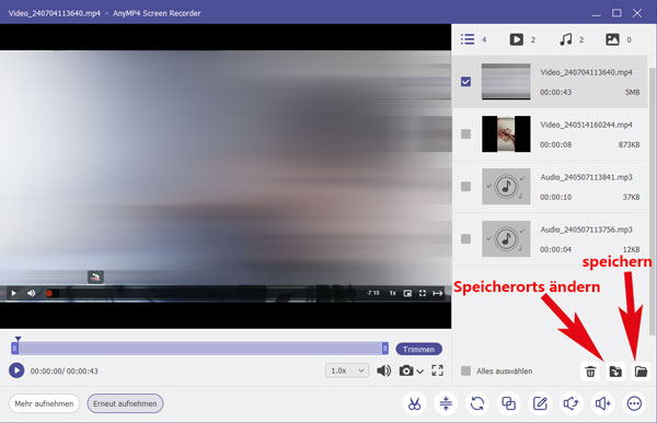 Aufnahme speichern mit AnyMP4 Screen Recorder