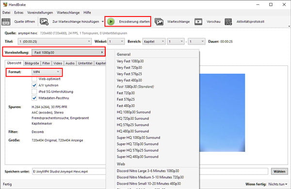  HEVC in MP4 umwandeln mit HandBrake