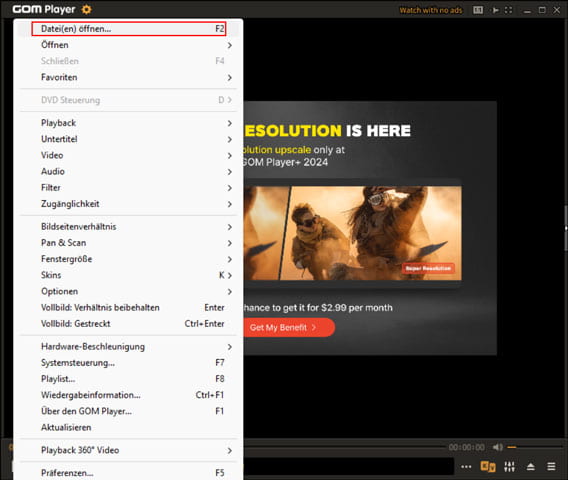 in GOM Player Datei öffnen