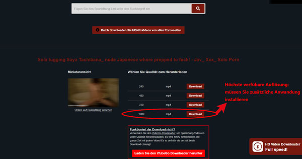 Auflösung auswählen und Video downloaden mit SavePorn.net
